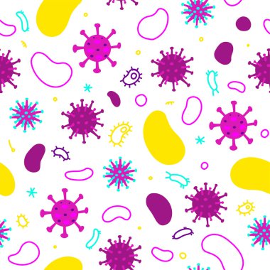 Siyah Coronavirus, bakteri ve virüsler. Mikro evren, mikropların karikatür görüntüleri..