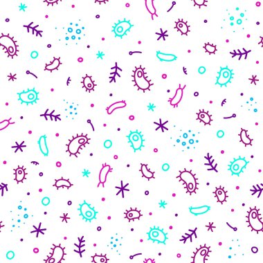 Siyah Coronavirus, bakteri ve virüsler. Mikro evren, mikropların karikatür görüntüleri..