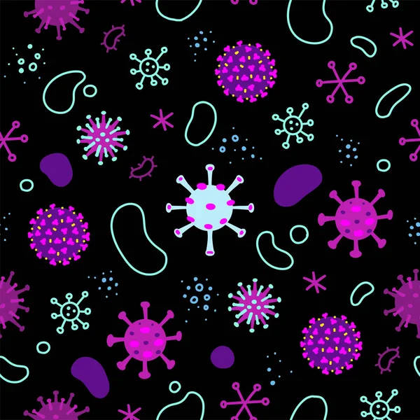 Patrón negro Coronavirus, bacterias y virus. Microcosmos, imágenes de dibujos animados de microbios. — Vector de stock