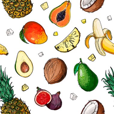 Şablon. Taze yemek. Karpuz, kavun, nar, kayısı, beyaz zemin üzerine çizilmiş hurma. Vektör illüstrasyonu.