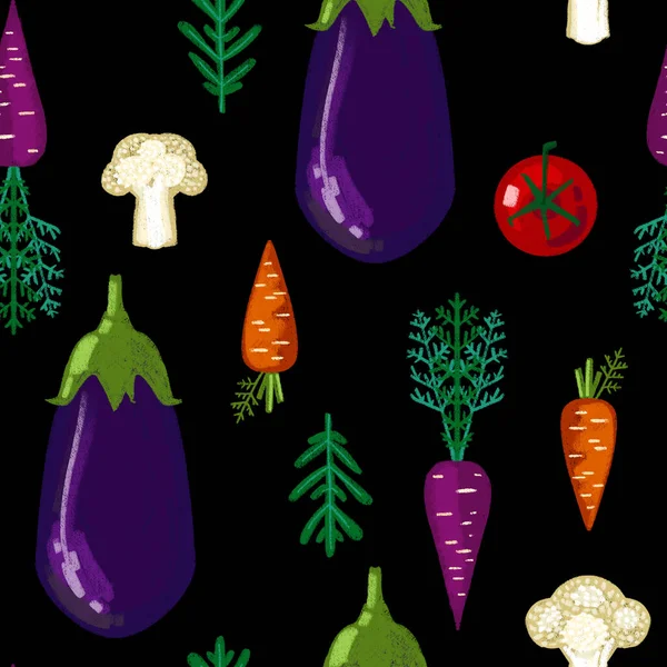 Vegetables food pattern on black background. Farmer root vegetables.