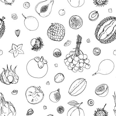 Beyaz arka planda egzotik meyve deseni. Yemeğin taslağı bir çizgi..