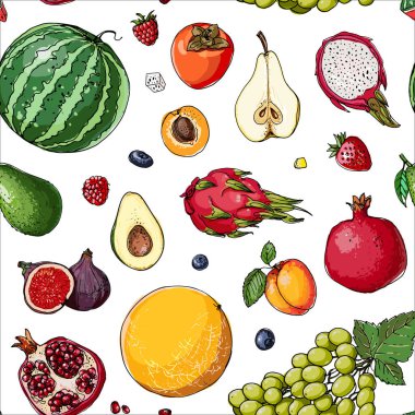 Şablon. Taze yemek. Karpuz, kavun, nar, kayısı, beyaz zemin üzerine çizilmiş hurma. Vektör illüstrasyonu.