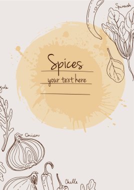 Bitkiler. Otlar. Baharatlar. Herb beyaz arka plana siyah çizgiler çizdi. Vektör çizimi. Metin içerikli pencereli otlarla donatılmış bir arka plan. Herb beyaz arka plana siyah çizgiler çizdi. Vektör çizimi. Metin için penceresi olan bitkilerle arka plan
