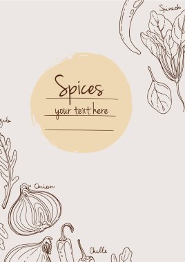 Bitkiler. Otlar. Baharatlar. Herb beyaz arka plana siyah çizgiler çizdi. Vektör çizimi. Metin içerikli pencereli otlarla donatılmış bir arka plan. Herb beyaz arka plana siyah çizgiler çizdi. Vektör çizimi. Metin için penceresi olan bitkilerle arka plan