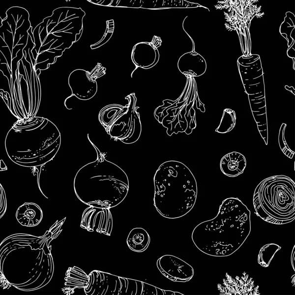 Μοτίβο ζωγραφισμένα λαχανικά γραμμή που σε μαύρο φόντο. Φθινοπωρινή συγκομιδή Σκέρτς. Νωπά τρόφιμα. — Διανυσματικό Αρχείο