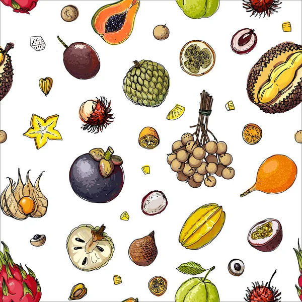 Mönster. Färsk mat. Vattenmelon, kantaloupe, granatäpple, aprikos, persimon linje ritad på en vit bakgrund. Vektorillustration. — Stock vektor