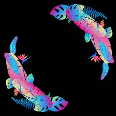 Tropikal yapraklar neon rengi siyah. Eğreltiotu, tesisatçı, yelpaze palmiyesi. Parlak pembe, turkuaz, mavi, mor renkler. Mesaj için çerçeve. Tebrik kartı