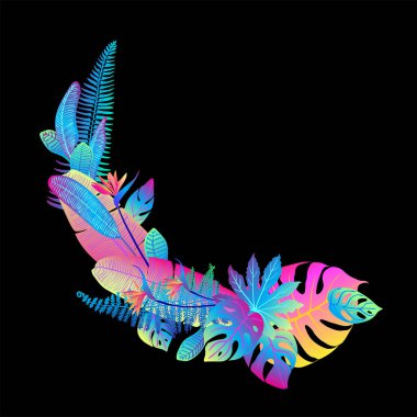 Tropikal yapraklar neon rengi siyah. Eğreltiotu, tesisatçı, yelpaze palmiyesi. Parlak pembe, turkuaz, mavi, mor renkler. Mesaj için çerçeve. Tebrik kartı