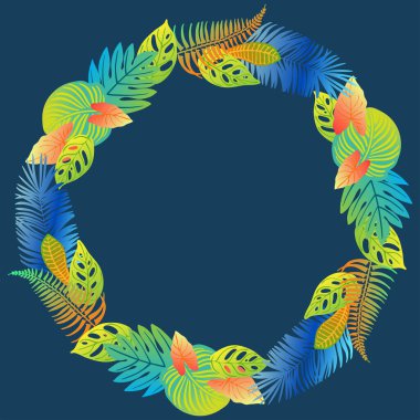 Palmiye, canavar, eğrelti otu ve diğer bitkilerden oluşan neon tropikal yapraklar. Mavi arkaplanda vektör rengi çizimi. Morötesi mavi, turkuaz, turuncu