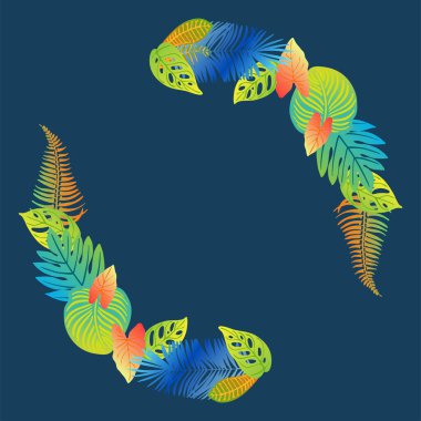 Palmiye, canavar, eğrelti otu ve diğer bitkilerden oluşan neon tropikal yapraklar. Mavi arkaplanda vektör rengi çizimi. Morötesi mavi, turkuaz, turuncu
