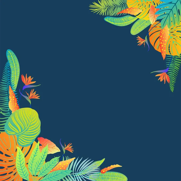 棕榈树、扁豆、蕨类和其他植物的新热带叶子。蓝色背景上的矢量彩绘草图.紫外线蓝色，绿松石，橙色 — 图库矢量图片