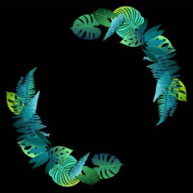 Neon yeşil tropikal palmiye yaprakları, canavar, eğrelti otu ve diğer bitkiler. Siyah arkaplanda vektör rengi çizimi. Morötesi mavi, turkuaz