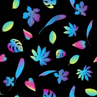 Örnek vektör neon tropikal palmiye yaprakları, canavar, eğrelti otu. Siyah arka planda pembe, mor ve mavi bitkiler.