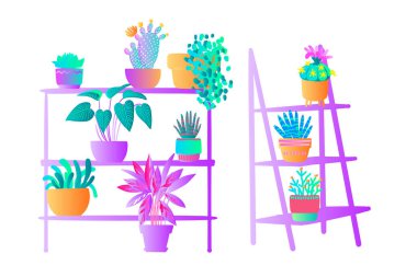 Neon tropikal bitkiler ve saksılarda çiçekler. Beyaz arkaplanda vektör rengi çizimi. Morötesi pembe, mavi, turkuaz.