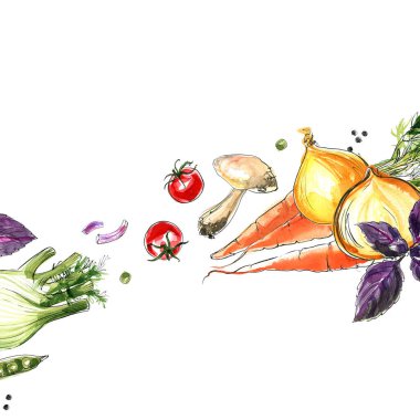 Enginar, rezene, radyatör, rezene, turp, biberiye, kırmızı soğan. İtalyan mutfağının sebze ve bitkilerinin bileşimi. Beyaz arka planda suluboya ile boyanmış sebzeler. Renkli gıda sayımı. Biberiye, kırmızı soğan. Bileşimi: