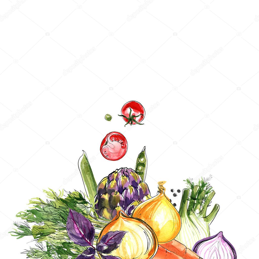 Artichoke, fennel, radiArtichoke, fennel, radish, rosemary, red onion. The composition of vegetables and herbs of Italian cuisine. Vegetables painted in watercolor on a white background. Colorful food count.sh, rosemary, red onion. The composition of