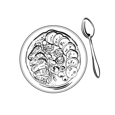 Meyve kasesi, meyve ve böğürtlen parçaları. Beyaz arkaplandaki yiyeceğin vektör çizimi.