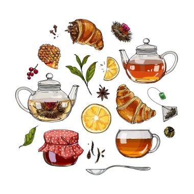 Reçel kavanozlarını, boş kutuları, örtüyü, ambalajı, beyaz arka planda siyah bir çizgi için ayarla. Vektör Skech yiyeceği