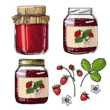 Reçel kavanozlarını, boş kutuları, örtüyü, ambalajı, beyaz arka planda siyah bir çizgi için ayarla. Vektör Skech yiyeceği