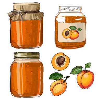 Reçel kavanozlarını, boş kutuları, örtüyü, ambalajı, beyaz arka planda siyah bir çizgi için ayarla. Vektör Skech yiyeceği