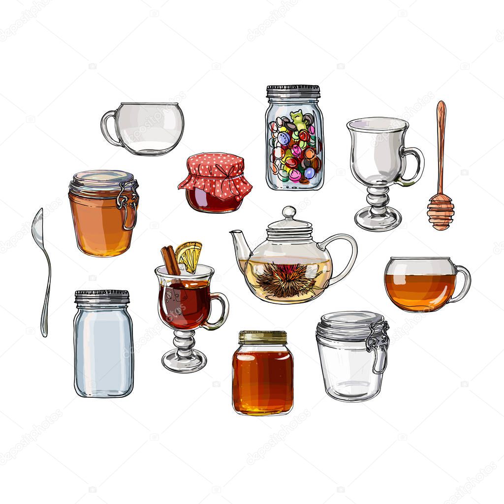 Set jars for jam, empty cans, cover, packaging, a black line on a white background. Vector skech food