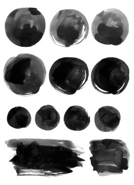 Beyaz arka planda siyah suluboya lekeleri. Soyut resim, saf sanat. Mürekkep sıçramış. doku