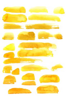 Beyaz arka planda suluboya lekeleri, soyut lekeler izole edilmiş. Parlak renkler, boşanmalar. Doku