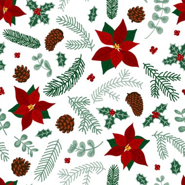 Şablon kış çiçekleri böğürtlen, dal, Noel dekoru dokusu