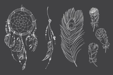 Rüya kapanı hippi dekorasyon dövme çizgisi. Boho tarzı, boncuklar ve tüyler.