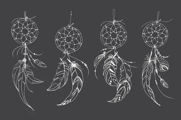 Dreamcatcher Hippie Décoration Tatouage Ligne Vectorielle Style Boho Perles Plumes — Image vectorielle