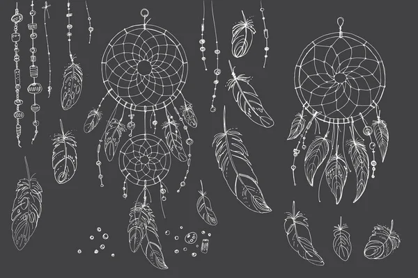 Dreamcatcher Hippie Decorazione Tatuaggio Vettore Linea Stile Boho Perline Piume — Vettoriale Stock