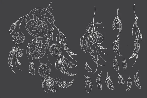 Dreamcatcher Hippie Décoration Tatouage Ligne Vectorielle Style Boho Perles Plumes — Image vectorielle