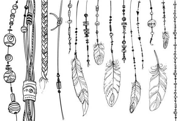 Dreamcatcher Hippie Décoration Tatouage Ligne Vectorielle Style Boho Perles Plumes — Image vectorielle