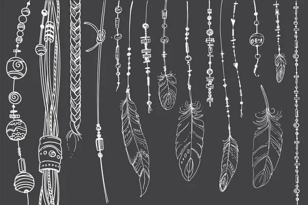 Dreamcatcher Hippie Décoration Tatouage Ligne Vectorielle Style Boho Perles Plumes — Image vectorielle