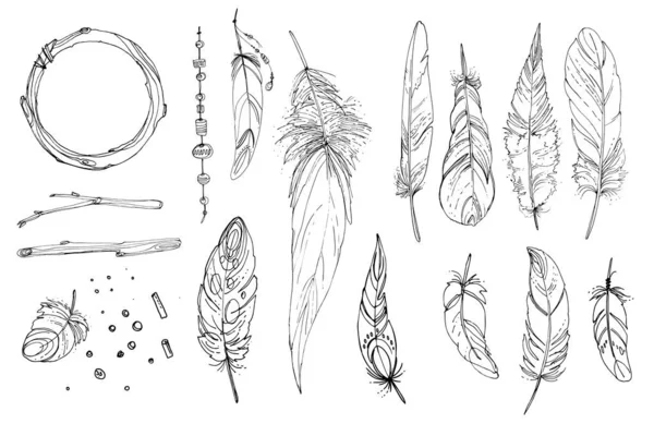 Atrapasueños Hippie Decoración Tatuaje Línea Vectores Estilo Boho Cuentas Plumas — Vector de stock