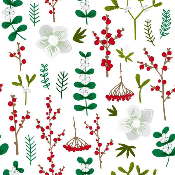 Muster Winterblumen Beeren Zweige Weihnachtsdekor Textur — Stockvektor