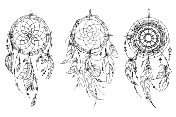 Dreamcatcher hippie decoratie tatoeage vector lijn. Boho stijl, kralen en veren. — Stockvector