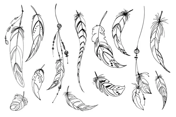 Dreamcatcher hippie dekoration tatuering vektor linje. Boho stil, pärlor och fjädrar. — Stock vektor
