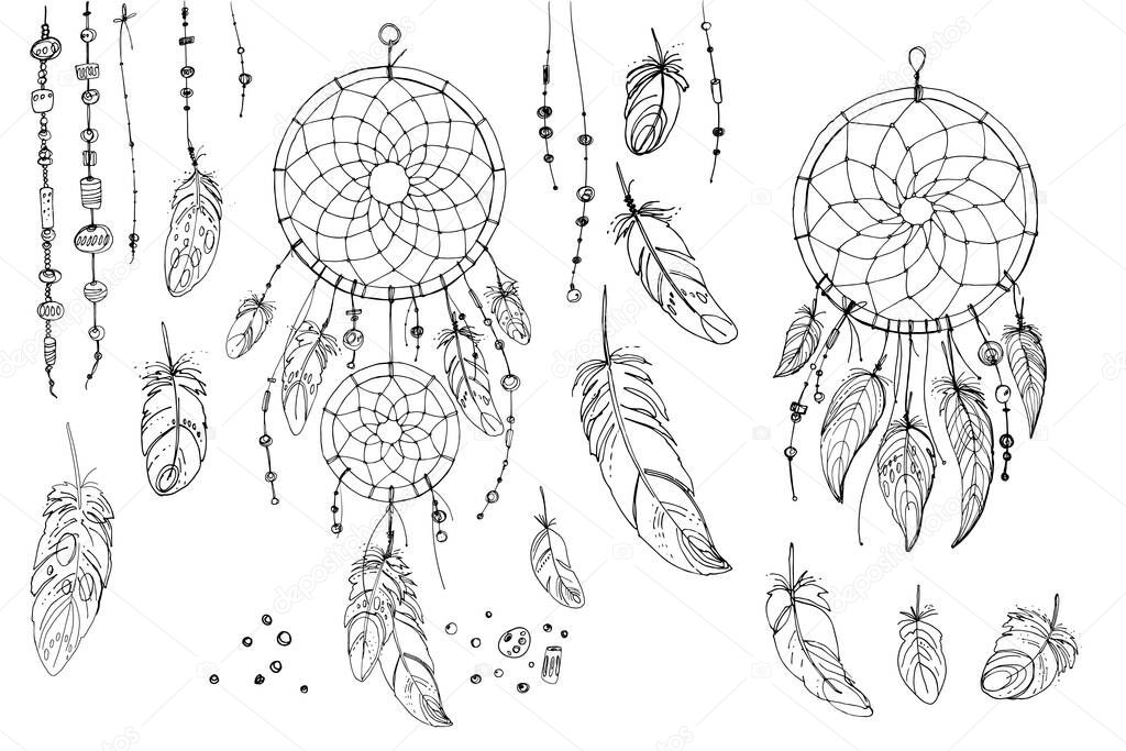 Dreamcatcher hippie decoration tattoo vector line. Boho style, beads and feathers. Illustration art