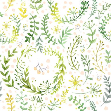 Beyaz arka planda suluboya ile boyanmış çiçek ve çimenlerin deseni. Beyaz arkaplanda yeşil yapraklar ve çiçekler.