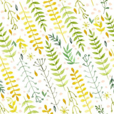 Beyaz arka planda suluboya ile boyanmış çiçek ve çimenlerin deseni. Beyaz arkaplanda yeşil yapraklar ve çiçekler.