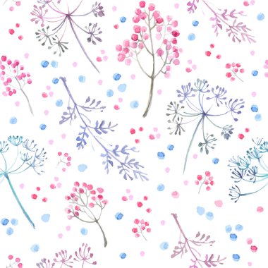 Beyaz arka planda suluboya ile boyanmış çiçek ve çimenlerin deseni. Beyaz arkaplanda yeşil yapraklar ve çiçekler.