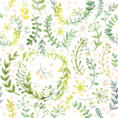 Beyaz arka planda suluboya ile boyanmış çiçek ve çimenlerin deseni. Beyaz arkaplanda yeşil yapraklar ve çiçekler.