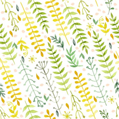 Beyaz arka planda suluboya ile boyanmış çiçek ve çimenlerin deseni. Beyaz arkaplanda yeşil yapraklar ve çiçekler.