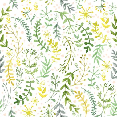 Beyaz arka planda suluboya ile boyanmış çiçek ve çimenlerin deseni. Beyaz arkaplanda yeşil yapraklar ve çiçekler.