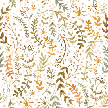 Beyaz arka planda suluboya ile boyanmış çiçek ve çimenlerin deseni. Beyaz arkaplanda yeşil yapraklar ve çiçekler.