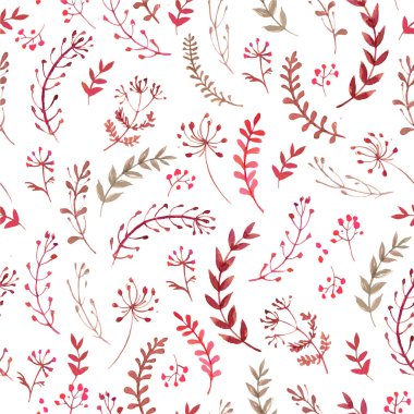 Beyaz arka planda suluboya ile boyanmış çiçek ve çimenlerin deseni. Beyaz arkaplanda yeşil yapraklar ve çiçekler.