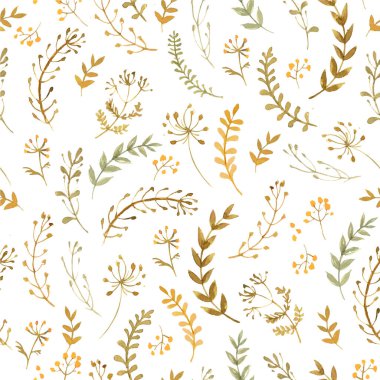 Beyaz arka planda suluboya ile boyanmış çiçek ve çimenlerin deseni. Beyaz arkaplanda yeşil yapraklar ve çiçekler.