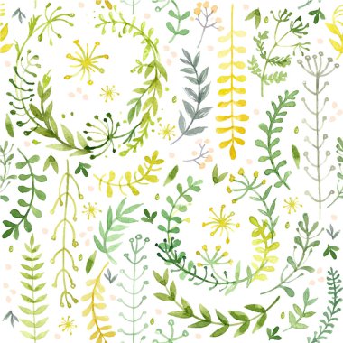 Beyaz arka planda suluboya ile boyanmış çiçek ve çimenlerin deseni. Beyaz arkaplanda yeşil yapraklar ve çiçekler.